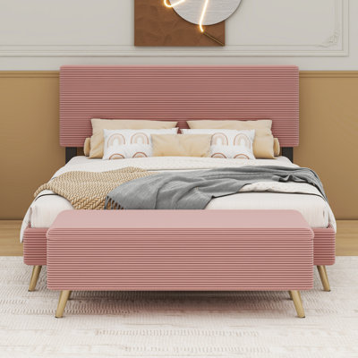 2 Pieces Bedroom Sets Queen Size Upholstered Bed Frame with Corduroy Storage Ottoman