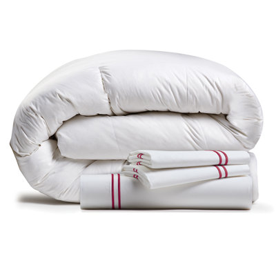 Down Comforter Duvet Cover 4-Piece Bundle: White Down Comforter, Satin Stitch Duvet Cover Set 