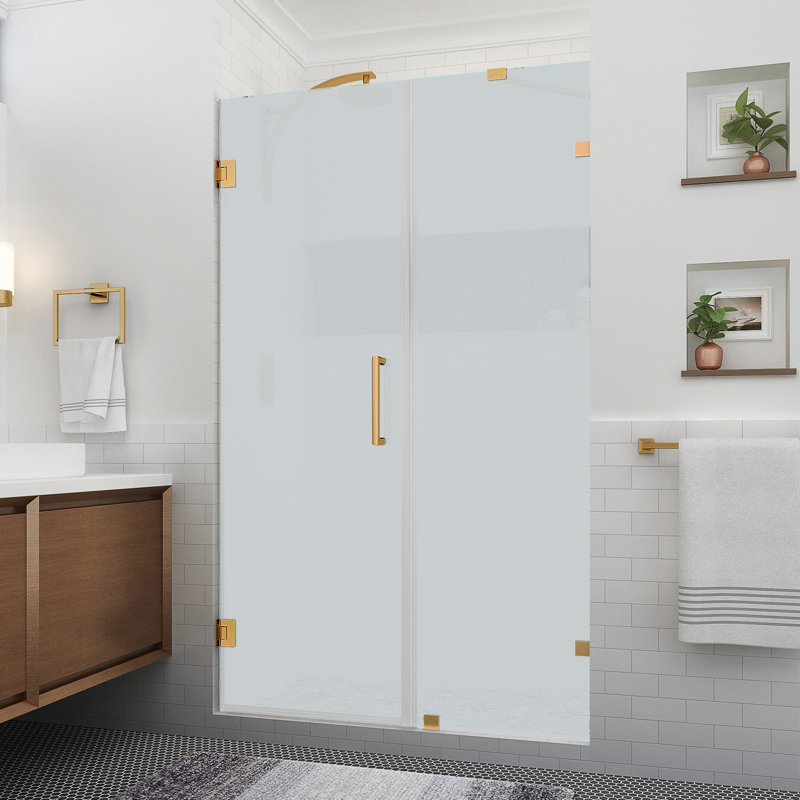 Nautis XL 51.25 in. to 52.25 in. W x 80" H Hinged Frameless Shower Door w/Ultra-Bright Frosted Glass, Brushed Gold