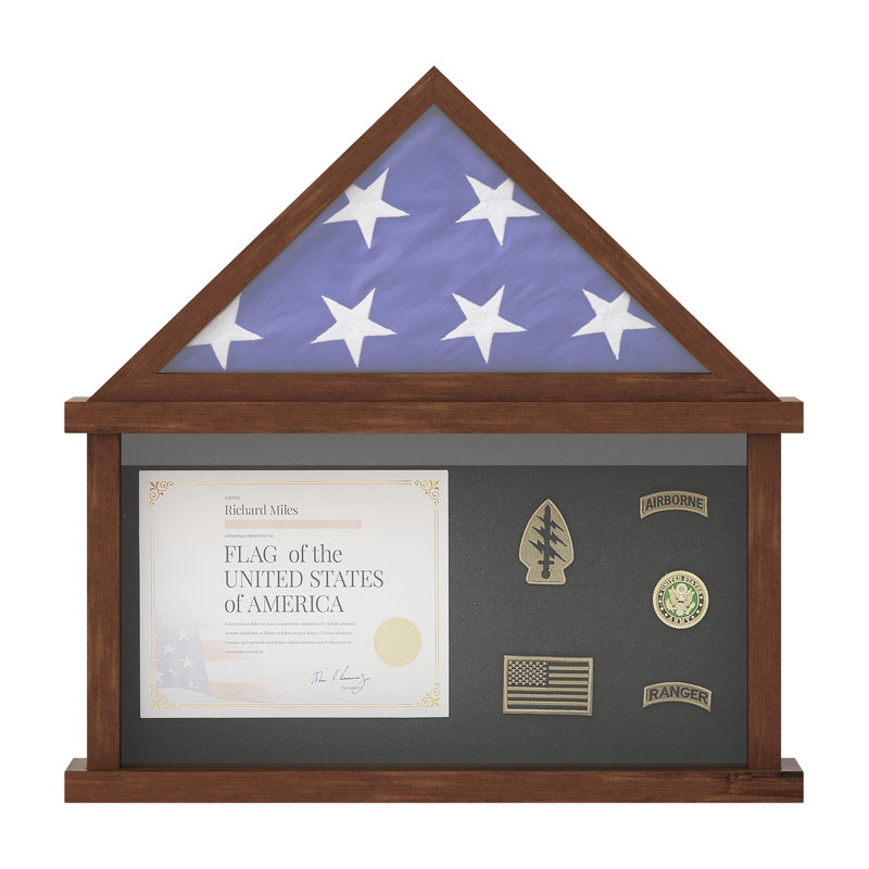Présentoir à drapeau Quincy avec porte-certificat, boîte en bois de pin pour drapeau, certificat, Brun foncé