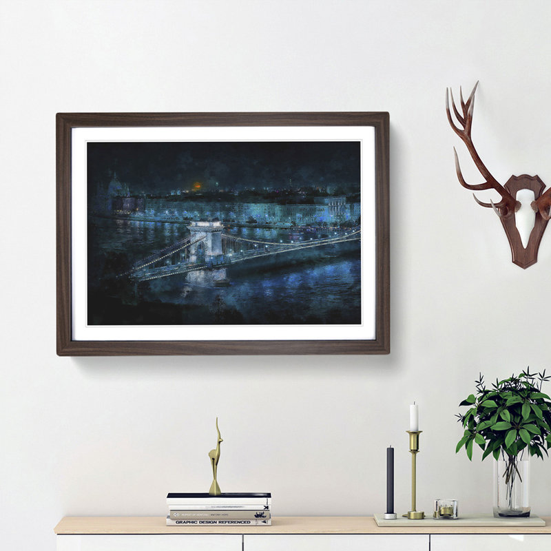 Chain Bridge in Budapest - Picture Frame Graphic Art Print, 45cm H x 63cm W x 2cm D, Walnut Framed