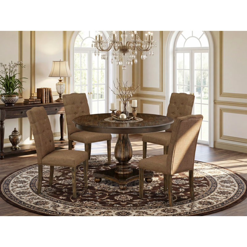 5 Piece Kitchen Table & Chairs Set Includes a Round Dining Table with Pedestal and 4 Brown Linen Fabric Parson Chairs, Distressed Jacobean