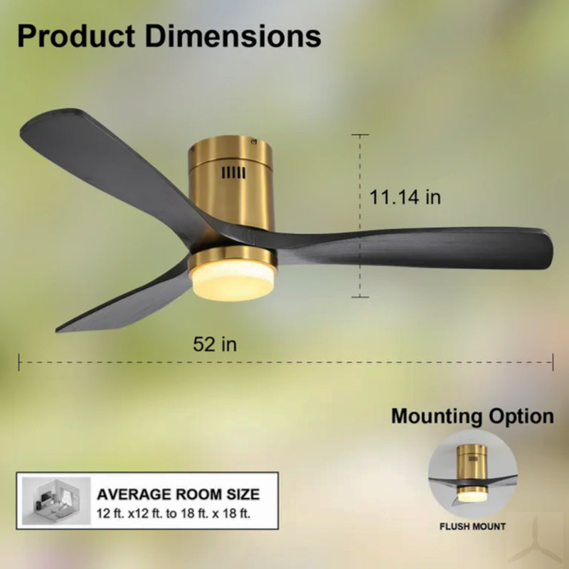 Ventilateur de plafond encastré de 52 pouces avec 3 pales en bois massif, télécommande, moteur à courant continu réversible pour le salon