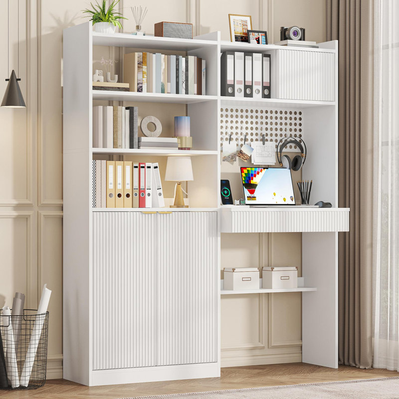 63" Tall Computer Desk With Hutch, Fluted Wood Computer Desk, Featuring Charging Station, Drawer And Storage Cabinet, For Home Office Work And Study,White