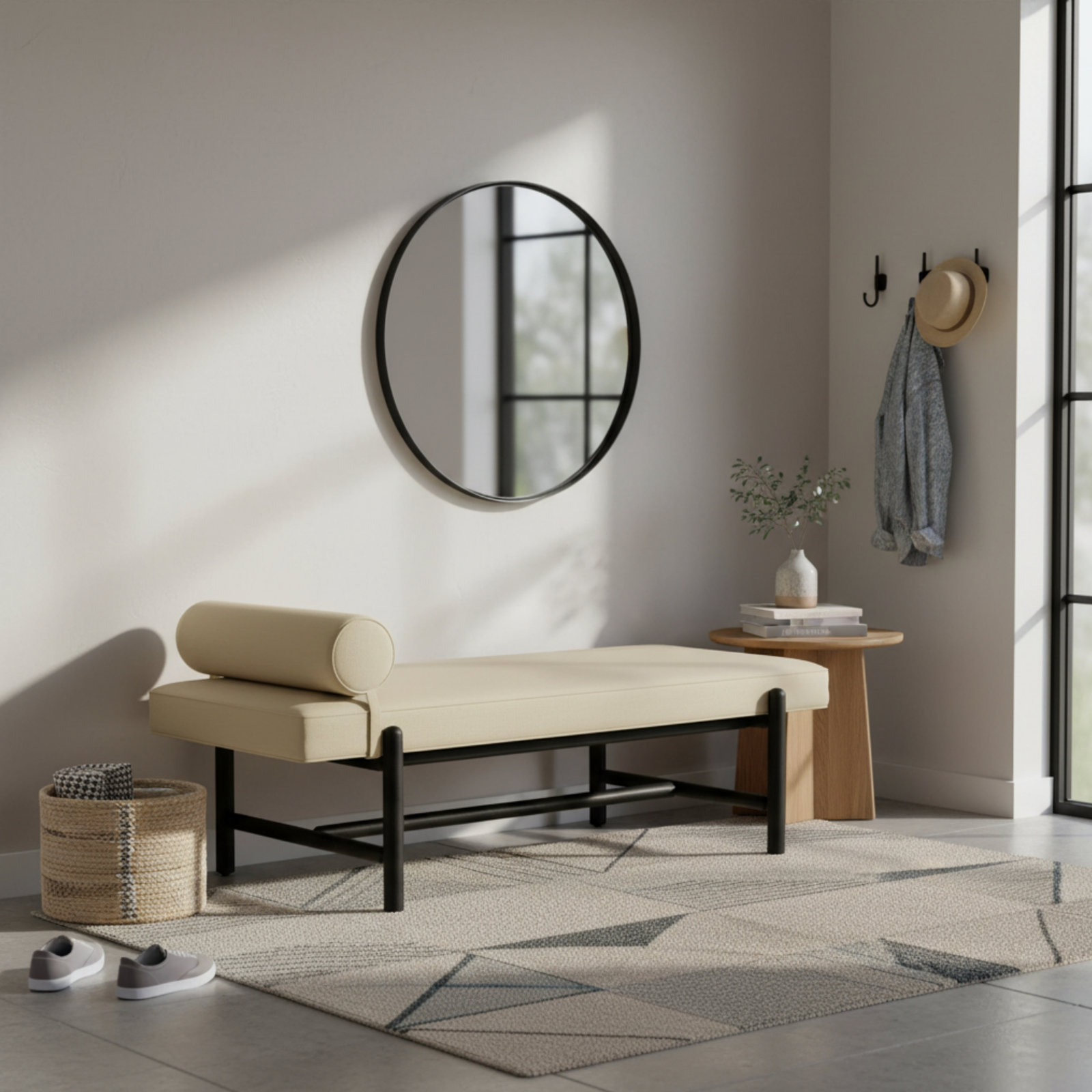 Cellire 29" Linen Entryway Bench, Black, Khaki