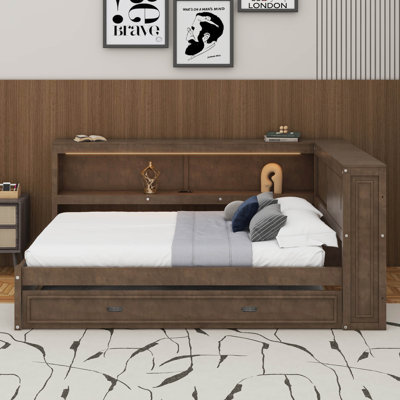 Full Size Daybed With Shelves, LED And Trundle