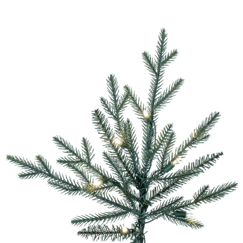 Vickerman 9.5' x 60" Slim Itasca Fraser Fir Artificial Pre-Lit Christmas Tree with 1050 Warm White LED Mini Lights, 3076 Realistic PE/PVC Tips, 6' Step On/Off Power Cord and Folding Metal Tree Stand. Assembly is required.