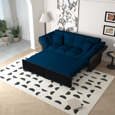 3 - In 1 Blue Sleeper Bed, 74.8" Long, Velvet Upholstery, 2 Soft Pillows, Comfortable Support, Modern Design Multi Functional Convertible Bed With Space Saving Design, Easy Assembly