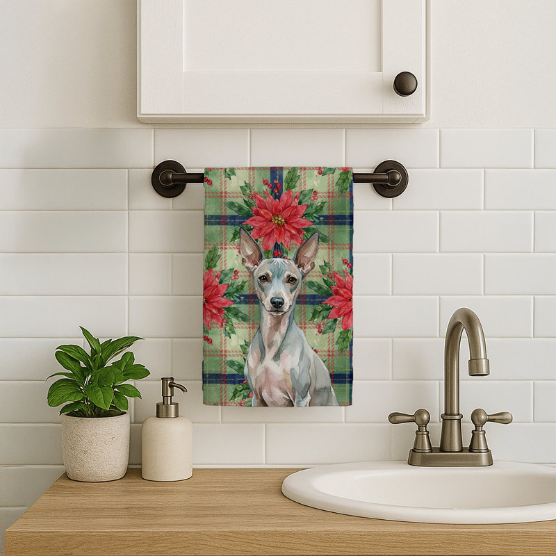 American Hairless Terrier Christmas PoinsettIas Kitchen Towel, Beige American Hairless Terrier