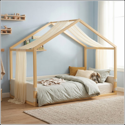 Twin Canopy Bed with Velvet Side Panels and Gauze Canopy
