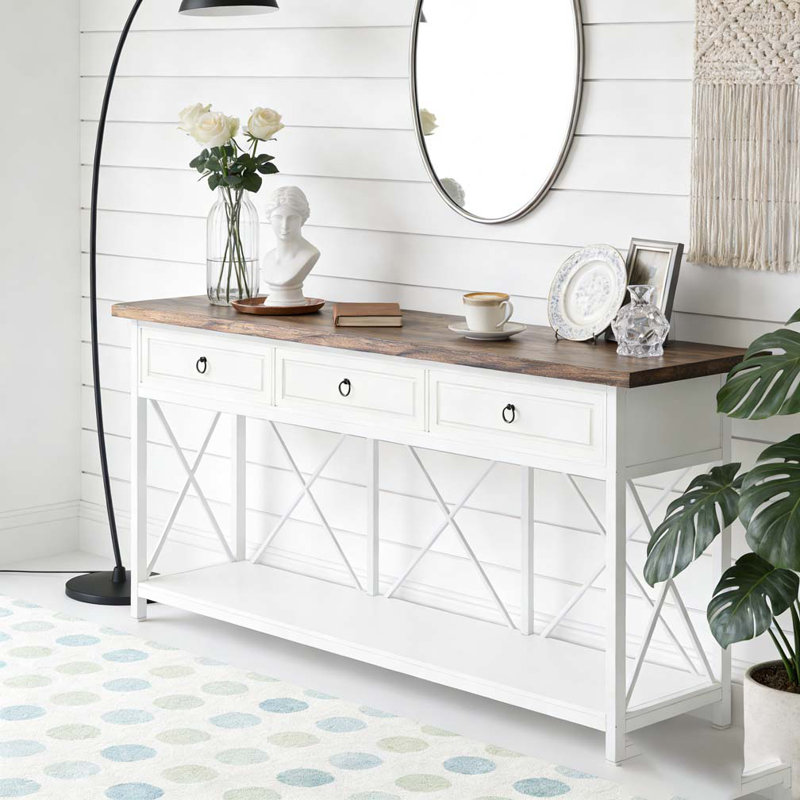 Table console à 3 tiroirs avec vestibule et tablette de rangement, Blanc et brun