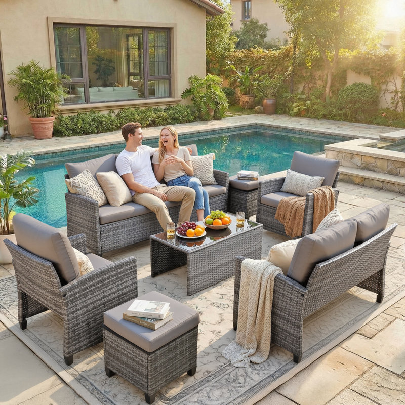 7 Pieces Outdoor Rattan Wicker Seating Group With Cushions, Gray
