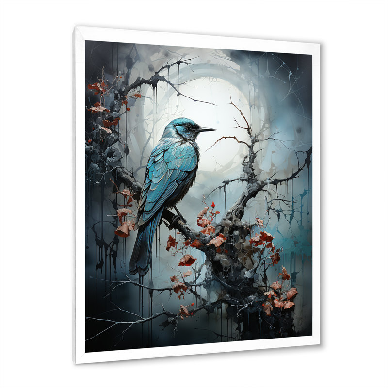 «Blue Bird Murmurs In Moonlight II», art mural oiseau, H 32 po x l 24 po x P 1 po, Silver Picture Framed