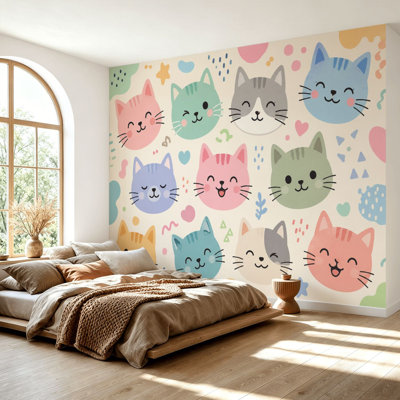Wall Mural Peel and Stick Colorful Cat Faces Cheerful Expressions Soft Large Wallpaper Self-Adhesive Removable Contact Paper Wall Decor for Living Room Bedroom Nursery 69"H x 96"W