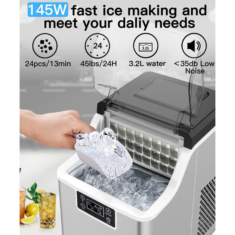 COWSAR 44 Lb. Daily Production  Cubic Ice Countertop Ice Maker,Stainless Steel, Self-Cleaning, Chewable,Adjustable thickness, Timer
