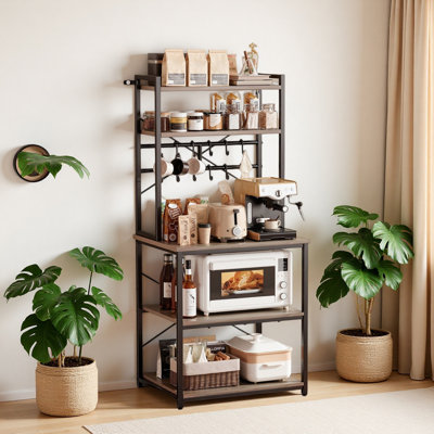 Étagère de boulanger de cuisine, support de 23,6 pouces de large avec support en X, 12 crochets, tablette double supérieure, organisateur de bar à café pour la vaisselle