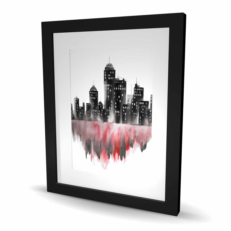 Aquarelle rouge - paysage urbain encadré noir