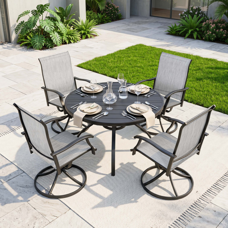 Ensemble de salle à manger de patio 5 pièces avec trou pour parasol et chaises pivotantes en textilène