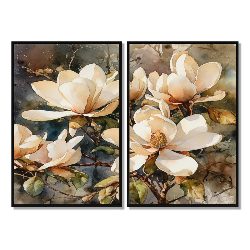 Crème Magnolia symphonique - impressions traditionnelles sur toile 2 panneaux blancs, H 36 po x l 48 po, Noir