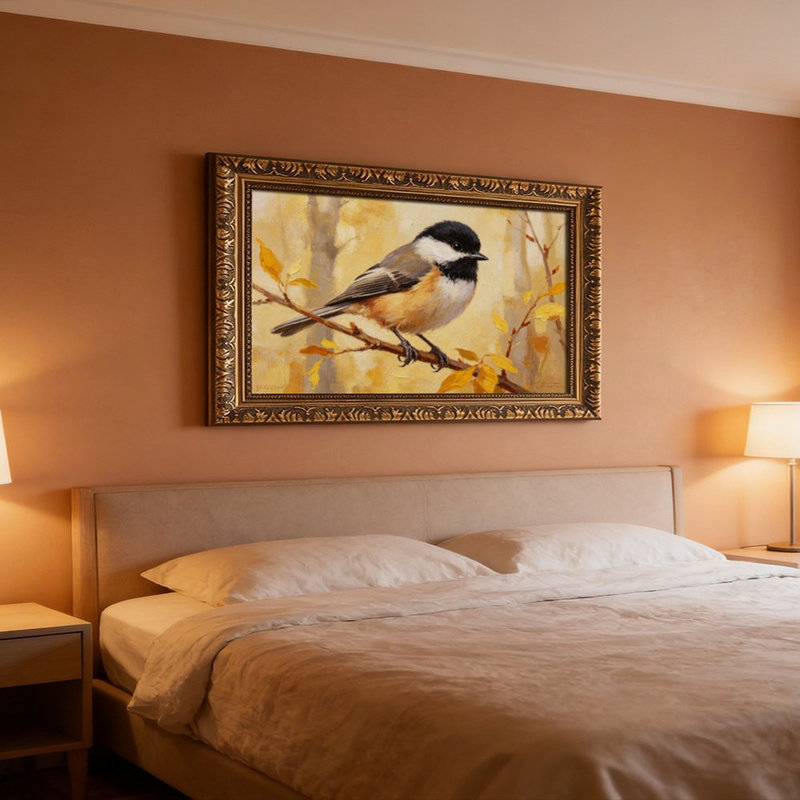 Cadre mural vintage orné d'une mésange perchée – Cadre doré décoratif pour œuvres d'art., L 8 po x l 12 po
