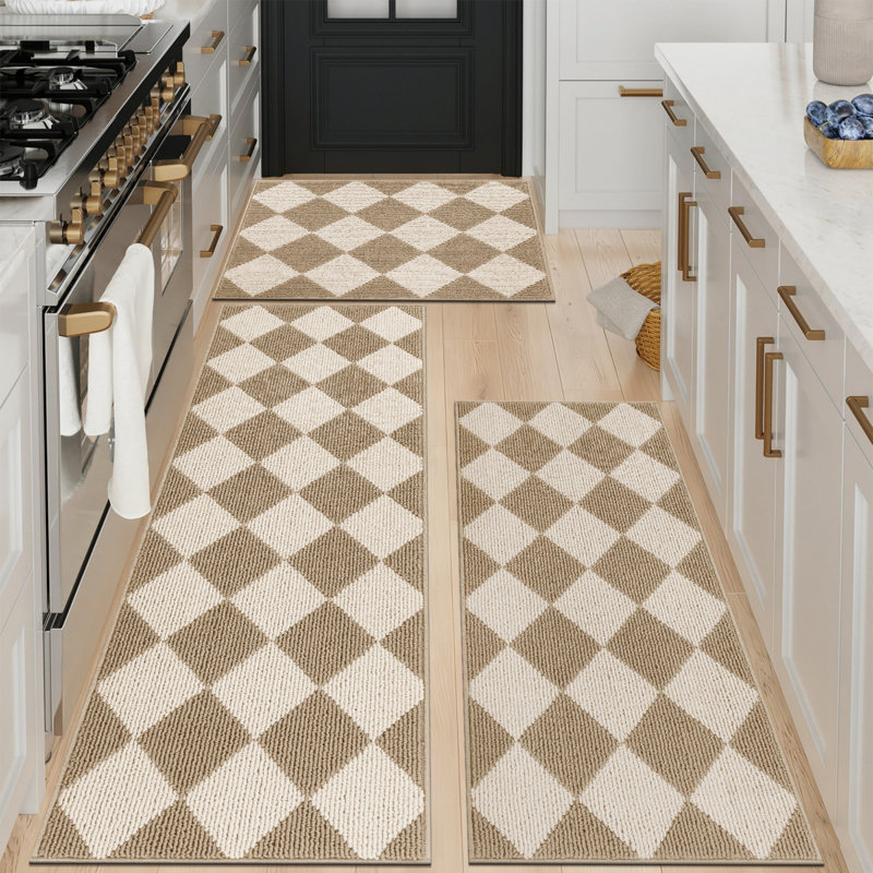 Machine Washable Non-Slip Kitchen Mat, Beige/White