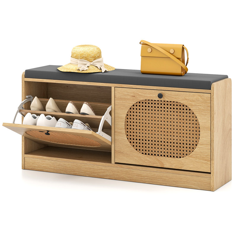  Banc de rangement pour chaussures avec coussin 2 portes rabattables et tablettes réglables