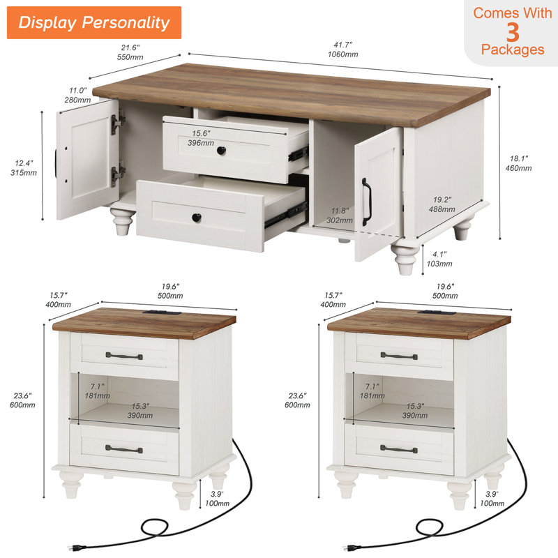 3 - Piece Living Room Table Set, White/Brown