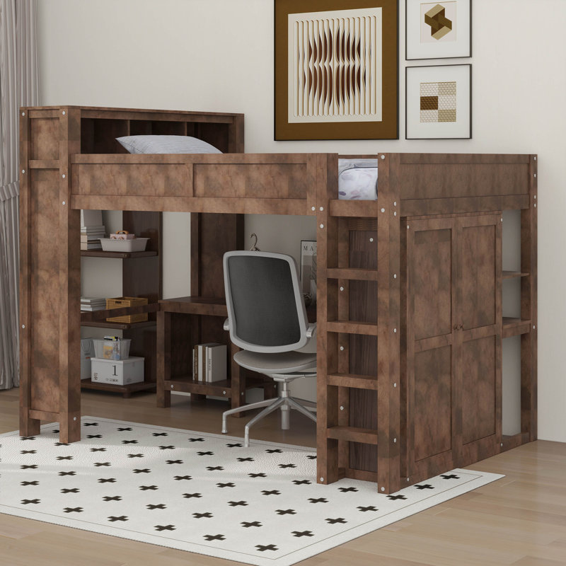 Grand lit mezzanine avec garde-robe et bureau, Marron