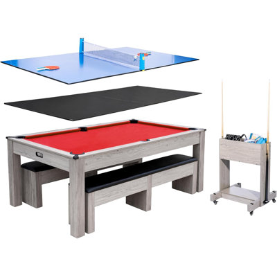7FT 3-in-1 Convertible Pool Table, Billiard & Ping Pong Game Table with Storage Cart, Accessories Set, Red