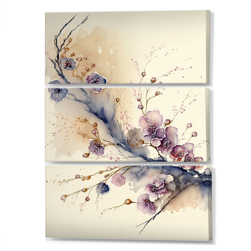 «Pink and Plum Cherry Blossom Branch IV», reproduction de toile tendue 3 pièces, H 36 po x l 28 po x P 1 po
