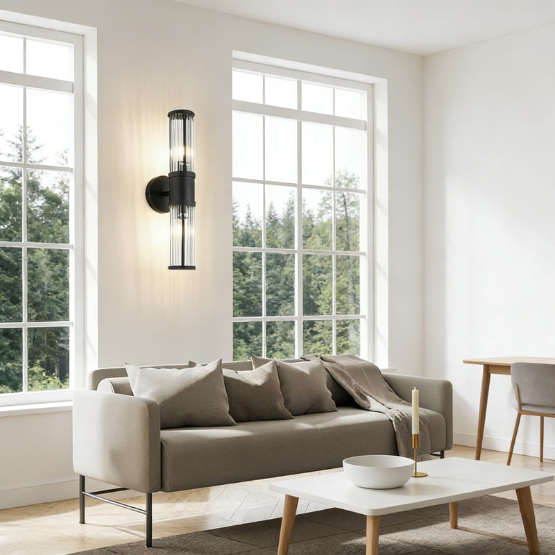 Modern 2-Light Matte Black Bathroom Vanity Light With Glass Rod Shades For Mirror, Bedroom, Hallway, Matte Black