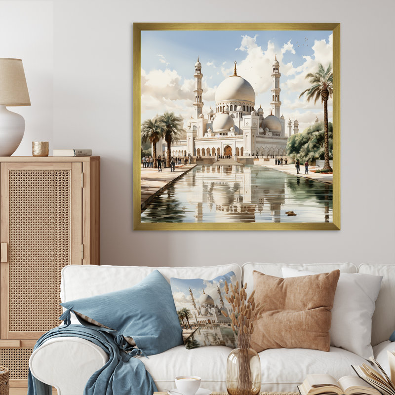 «White Elegance Sheik Zayed Mosque II» - art mural blanc, H 16 po x l 16 po x P 1 po, Cadre doré simple