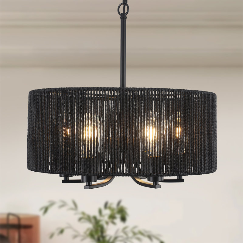 Lauri 6-light Handwoven Rattan Boho Farmhouse Chandelier, Matte Black