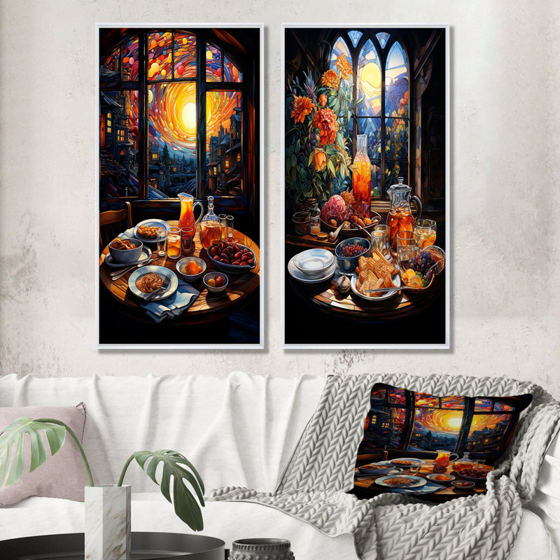Petit déjeuner fusion - ensemble d'art mural sur toile Petit déjeuner, Cadre flottant blanc, H 32 po x l 33 po