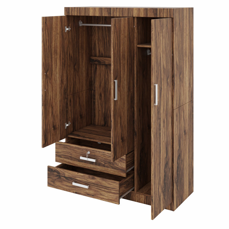 Armoire 3 tiroirs en bois avec tiroirs et tringles de suspension, Brown