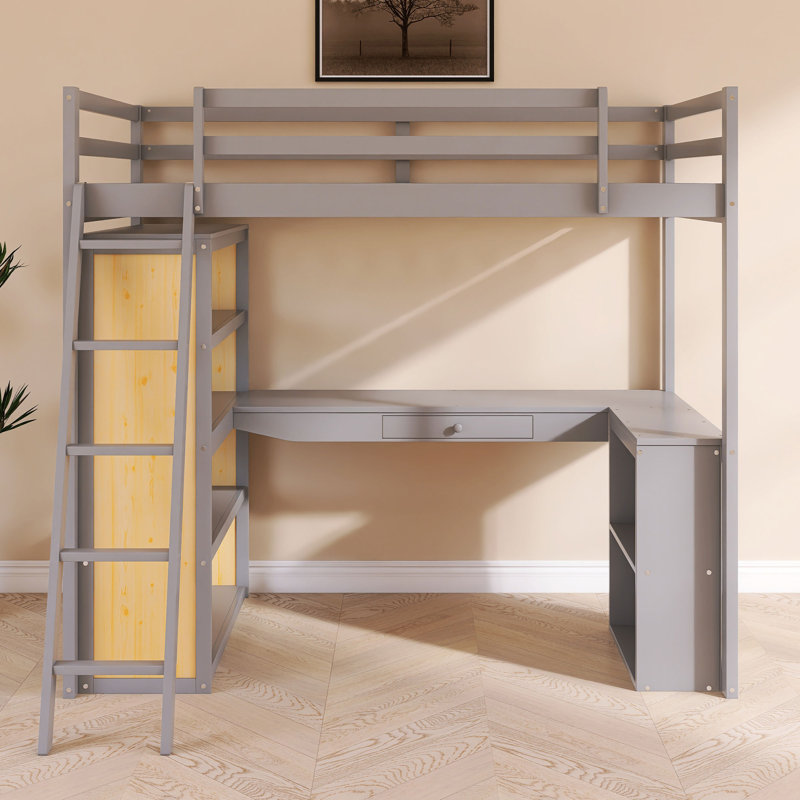 Lit mezzanine à structure en bois avec échelle, gris, Lit simple