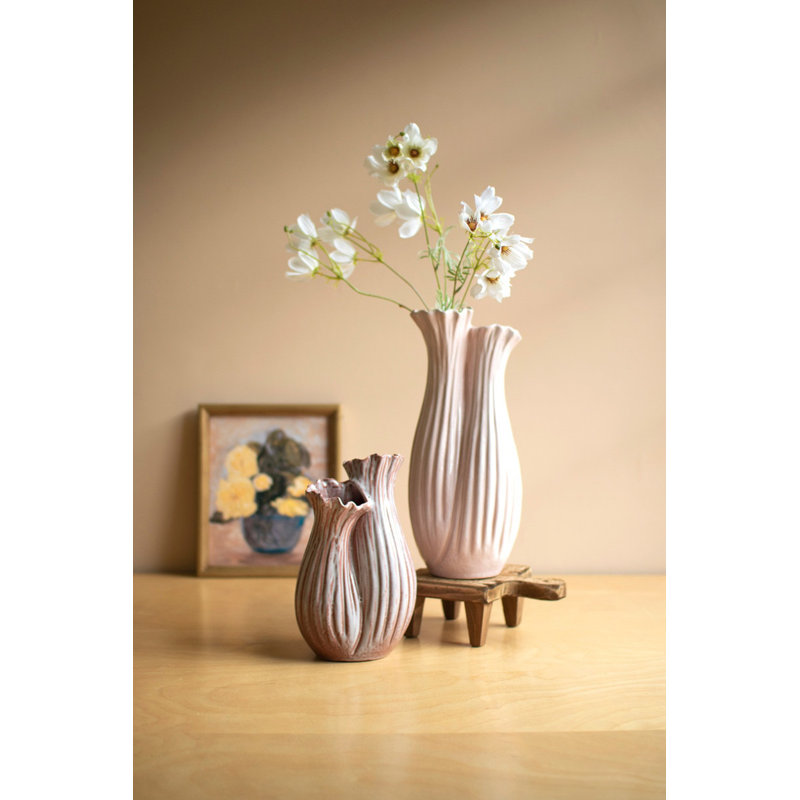  Ensemble de 2 vases cannelés en céramique - ouverture de table double - 14,5 po de hauteur