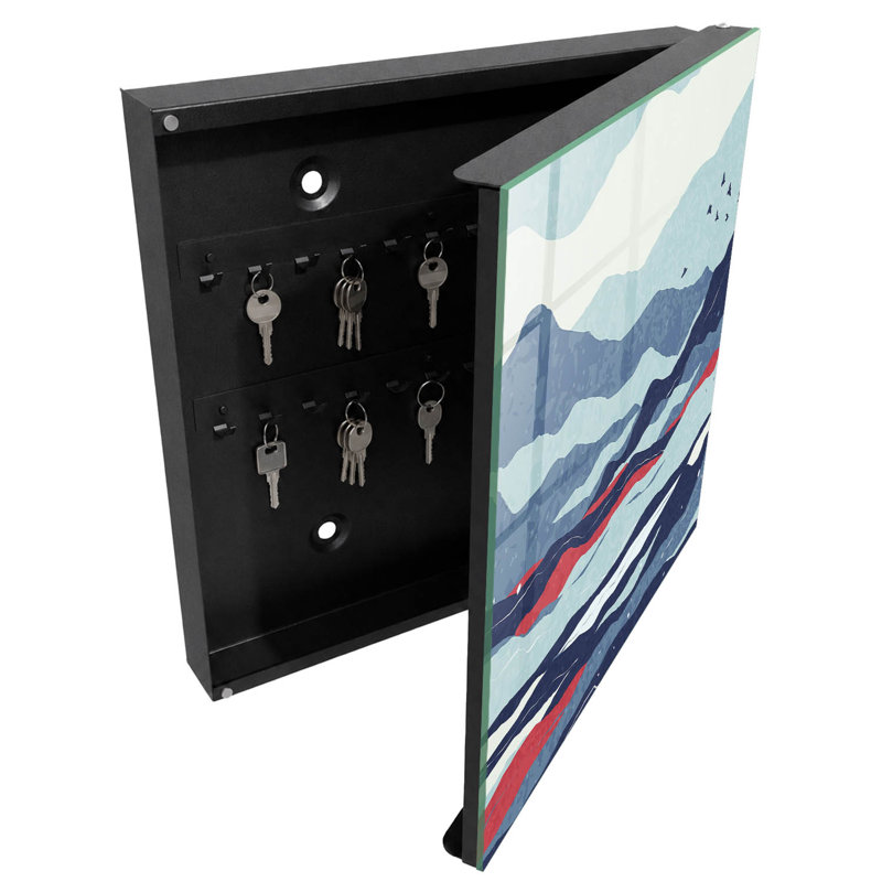 Key cabinet for home, Opens to the right, 30x30x5, White, Stunning mountains in shades of blue and red, 