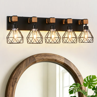 35" 5-Light Black Farmhouse Bathroom Vanity Light With Wood Accents and Metal Geometric Cage Shades For Bathroom, Mirror, Bedroom, Or Living Room (Bulb Not Included)