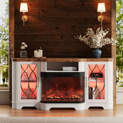 Meuble télé de style ferme de 70 po avec foyer électrique incurvé de 30 po, centre multimédia pour téléviseurs jusqu'à 80 po, console multimédia en bois pour salon