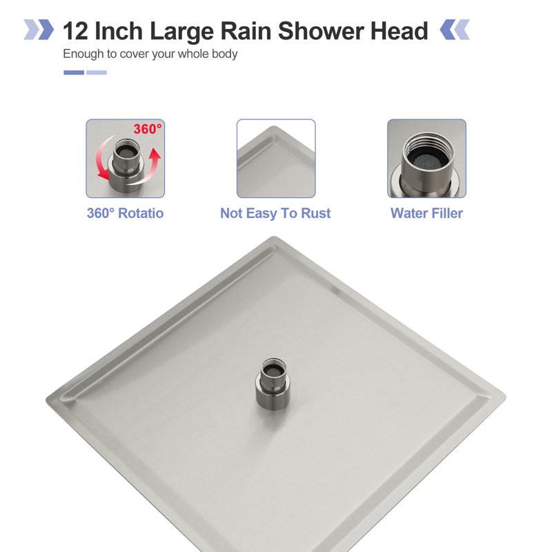12 Inch Rain Shower Head High Pressure High Flow Square Stainless Steel Rainfall Showerhead, Brushed Nickel