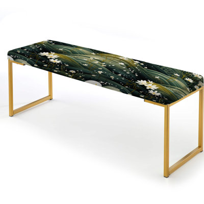 White Zen Flowers Hilltop Sanctuary - Botanical Upholstered Gold Bench