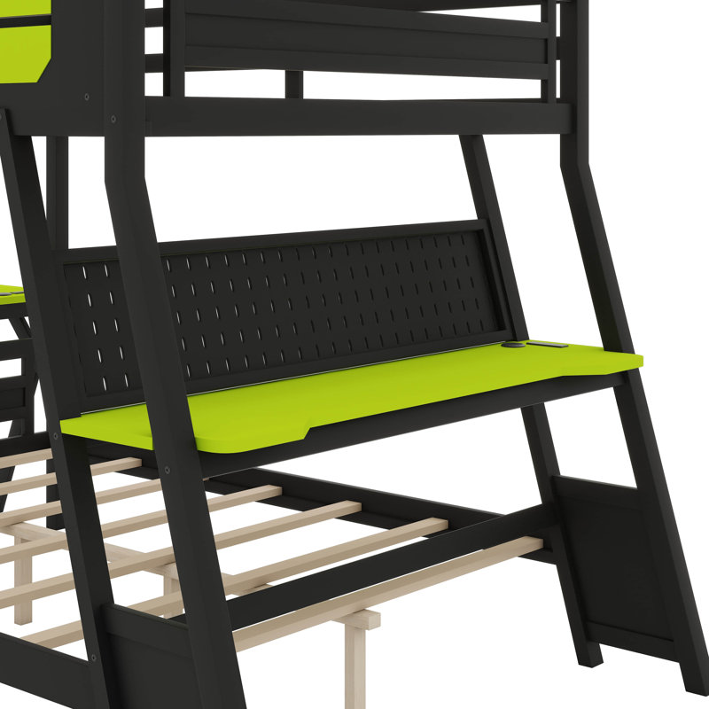 Lit superposé double équipé de 2 bureaux intégrés, ports de chargement USB et solutions de rangement perforées, Vert / noir