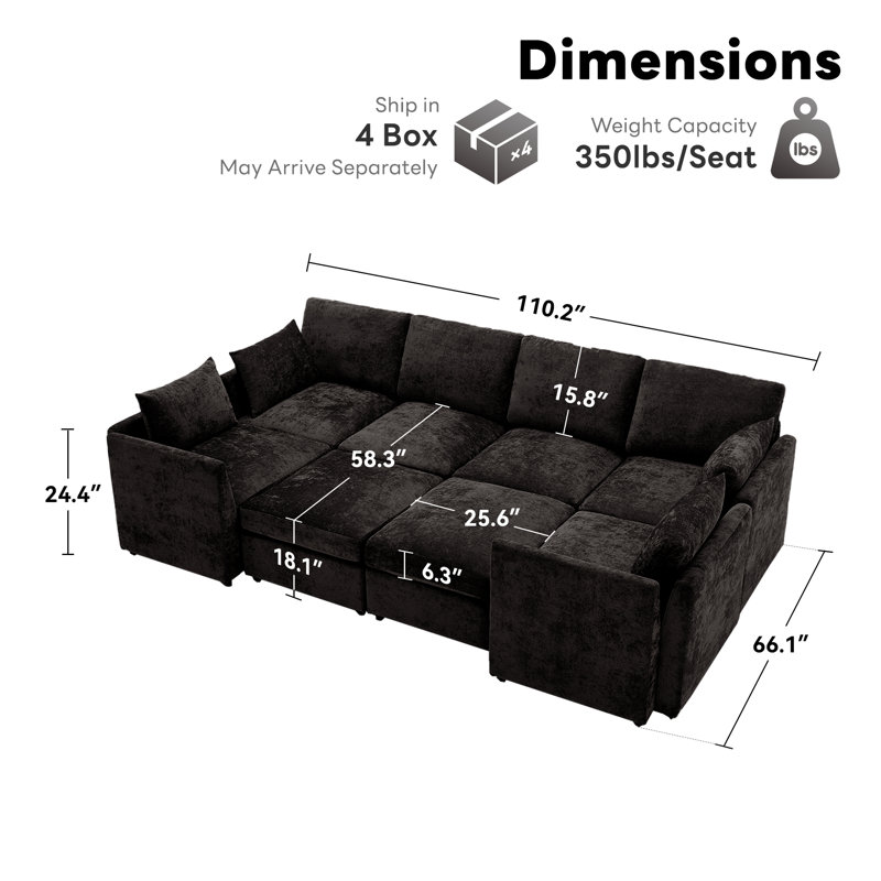 Canapé-lit modulaire rembourré modulaire de 110,2 po avec repose-pieds, Mélange de polyester noir