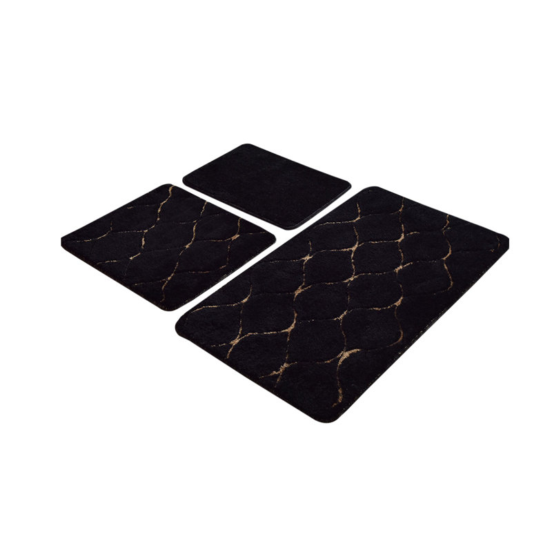 Ensemble de tapis de bain en acrylique (3 pièces) - noir et or | Antidérapant, antibactérien, 100% acrylique, lavable à la machine (15,7 x 23,6 po, 19,7 x 23,6 po, 23,6 x 39,4 po) | Hauteur des poils: 0,7 à 1,2 po | Accessoires de salle de bain doux, durables et luxueux