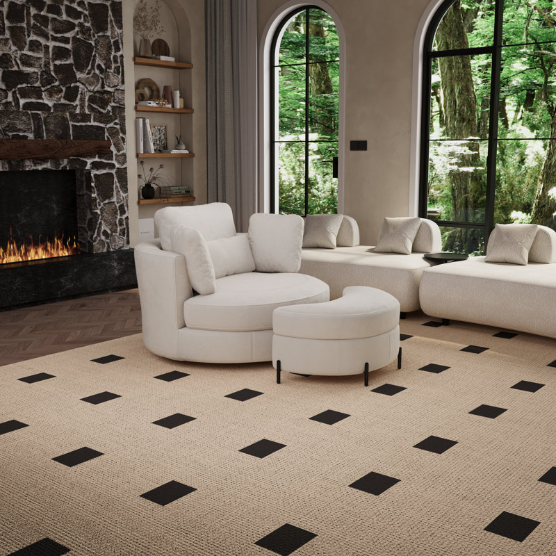 50" W Oversized Upholstered Swivel Barrel Chair With Ottoman, Beige