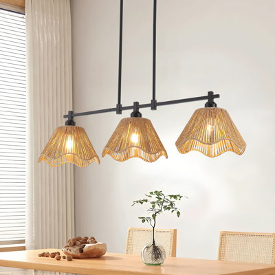 3 - Light 35 Inch Rustic Kitchen Island Pendant Lights With Hand-Woven Shade