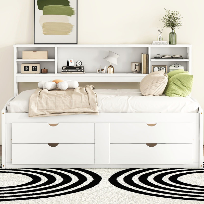 Lit de jour double blanc avec 2 tiroirs d'armoire de chevet, 4 tiroirs et un support supérieur, Blanc