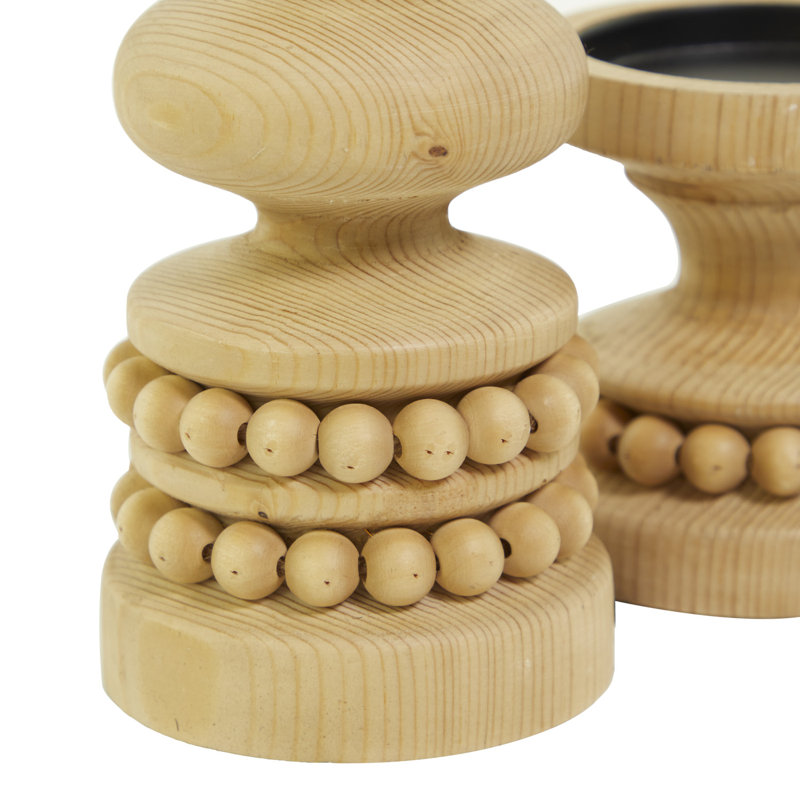 Wood Beaded Pillar Decorative Candle Holder Set, Cream
