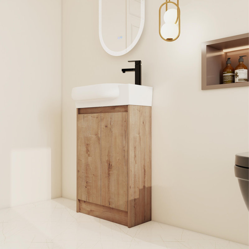 Meuble-lavabo simple autoportant de 23 po avec comptoir en céramique, 2 portes à fermeture douce et 1 tablette réglable, Brun